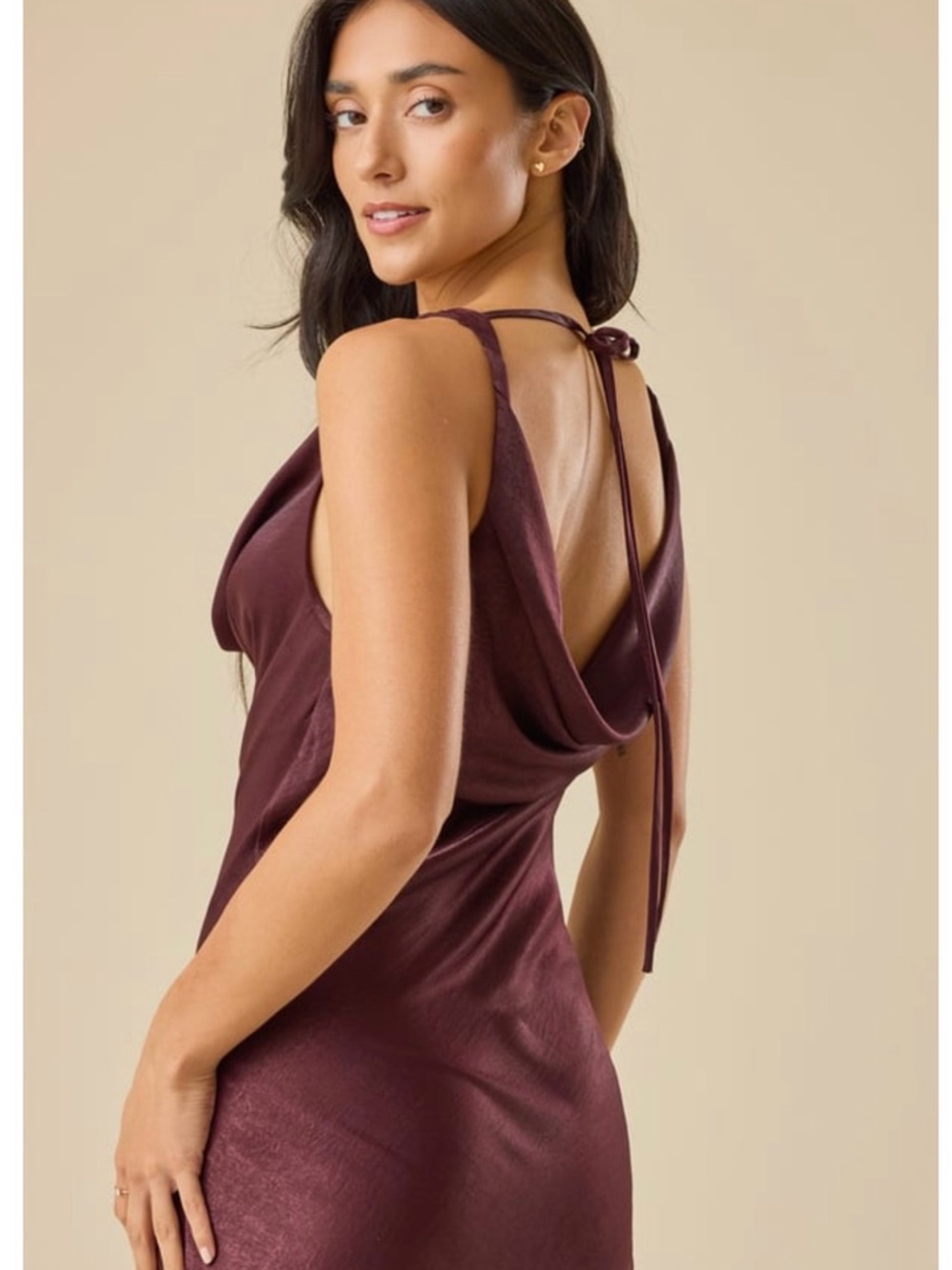 Altar'd State Satin Cowl-Back Slip Dress in Plum, Beautiful Plum/Brown color.
